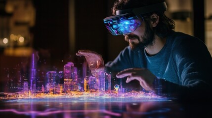 Man using VR headset to design a futuristic city.