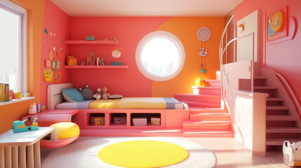 Fototapeta premium Children's room with bright Coral color wall,3D rendering