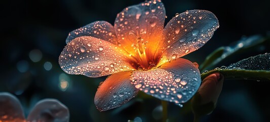 A glowing flower with dew drops on its petals