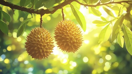 Ripe durians on tree branch, sunlight, bokeh background; food, nature imagery