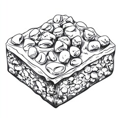 Hand-drawn illustration of a square-shaped rocky road dessert with marshmallows and nuts.