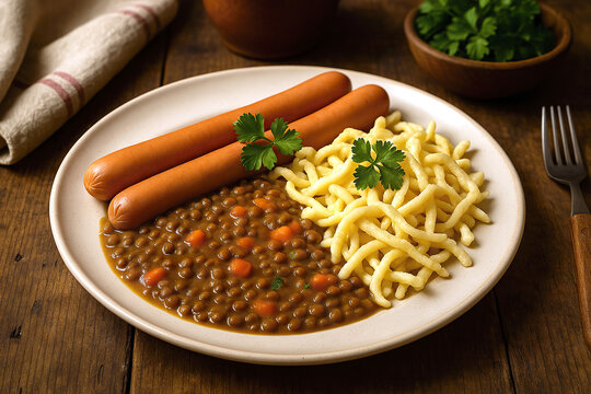Schw&auml;bische Linsen mit Sp&auml;tzle und Saitenw&uuml;rstchen