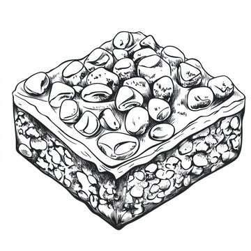 Hand-drawn illustration of a square-shaped rocky road dessert with marshmallows and nuts.