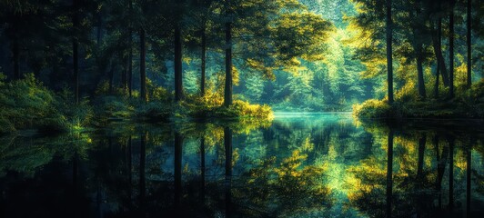 Obraz premium A glowing forest reflected in a still pond