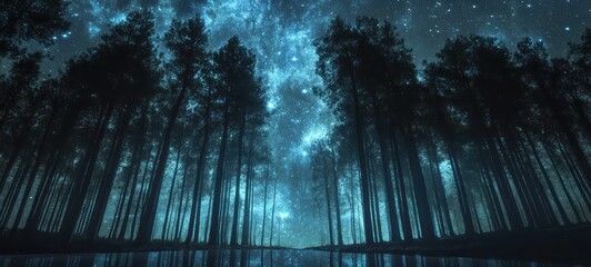 Obraz premium A glowing forest with a double exposure of stars and trees