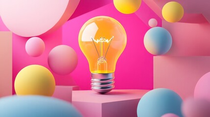 Glowing lightbulb on pink platform surrounded by pastel spheres.