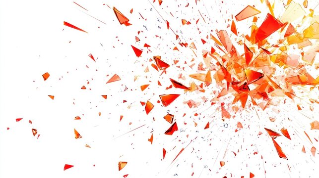Shattered glass explosion, red and orange fragments on white background.