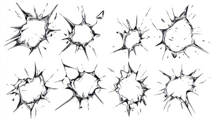 Eight hand-drawn cracked hole illustrations isolated on white background.