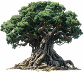 Colossal banyan tree with massive intertwined roots and dense canopy, epic fantasy watercolor illustration for mythical and adventure themes