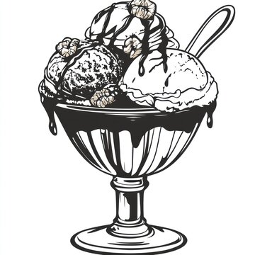 Delicious ice cream sundae with walnuts and chocolate sauce in a glass bowl.