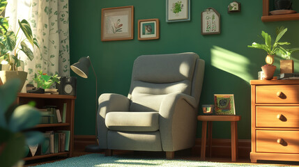 Fototapeta premium Interior mockup green wall with gray armchair and decor in living room.3d rendering