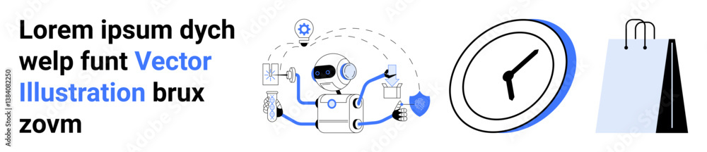 Poster robot multitasking with tools and shield, a clock for time management, and a shopping bag symbolizin