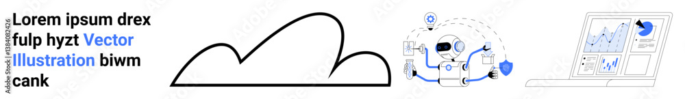 Poster cloud outline, ai robot interacting with data points, laptop displaying graphs and charts. ideal for