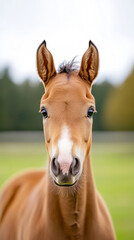 Fototapeta premium Close-up portrait of a young brown foal in a green pasture