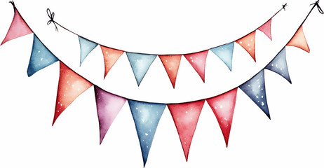 Obraz premium Watercolor bunting banner with triangular flags in patriotic red white and blue colors for celebration party decorations