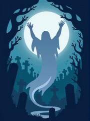 Ethereal ghost silhouette rising in moonlit graveyard, mystical ambiance