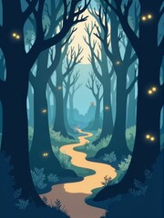 Enchanted forest path with glowing owl eyes, mystical adventure