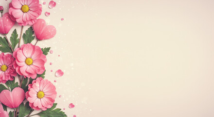 Fototapeta premium Romantic pink flowers and hearts on soft background 