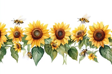 Vibrant watercolor painting of sunflowers and busy bees creates a cheerful summer border Perfect for textile prints, invitations, and more © Nurbaity