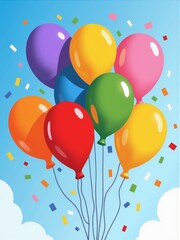 Colorful balloon cluster floating in blue sky, celebration spirit