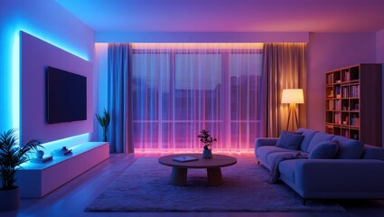 Modern living room with led strip lights. Contemporary house interior with comfortable sofa, table, bookshelf, tv. Stylish apartment design illuminated by blue, purple, yellow neon light, create cozy