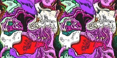 Modern marbled boho seamless border pattern. Funky wavy fashion background banner design. Painterly swirl effect for summer retro 80s vibes wash tape and edging trim.