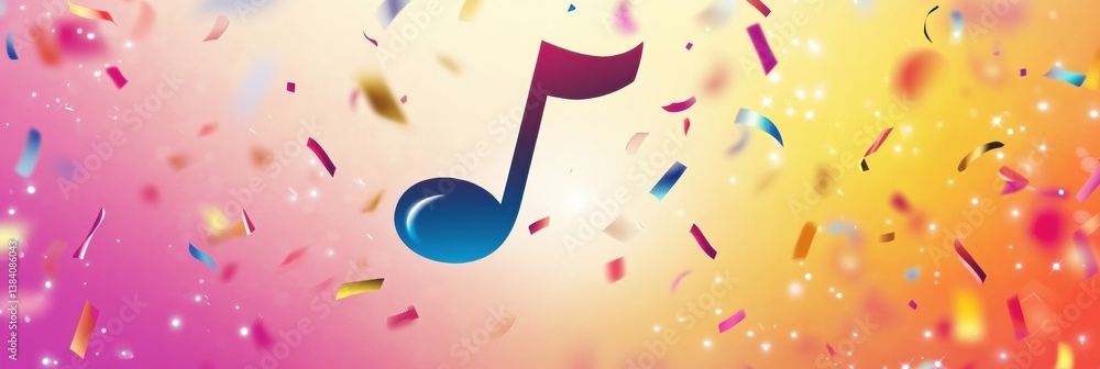 Poster modern festival logo design featuring a music note and colorful confetti creating a joyful atmospher