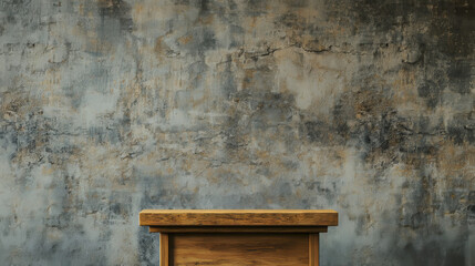 Wood podium on table counter with concrete grunge texture background.3d rendering
