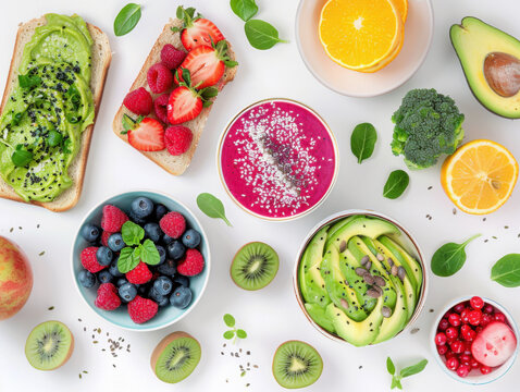 Healthy vegan food flat lay, top view of colorful plant-based meal with avocado toast, smoothie bowl, fruits, and vegetables, bright daylight, clean and minimal background
