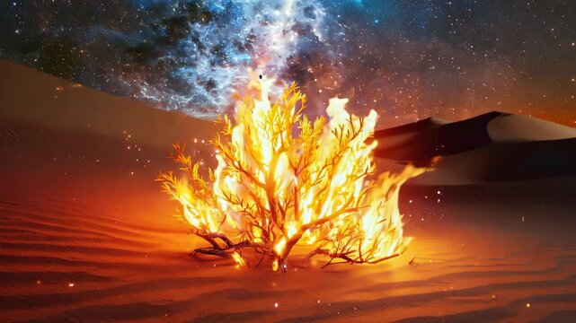 Blazing desert bush fire under starry night sky showcasing fiery motion and cosmic backdrop for dynamic nature scene