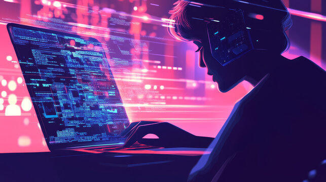 NPU neural processing unit. Artificial intelligence chips and electric circuit. Man using laptop computer for edge AI.