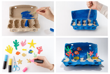 Step-by-step DIY underwater diorama craft using an egg carton, paint, sand, and paper decorations....