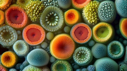 Microscopic view of colorful, textured, circular organic structures resembling flowers or polyps.