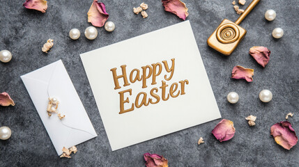 Luxurious easter greeting card with embossed gold lettering amidst floral accents