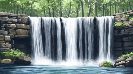 Serene waterfall cascading over stone wall into calm pool, lush green forest backdrop.