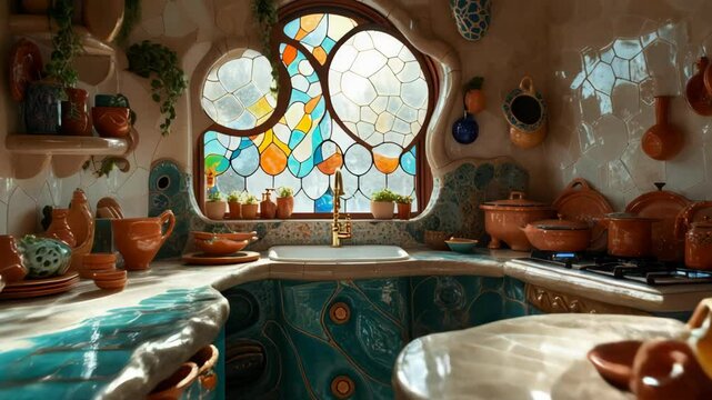 Eclectic interior design of modern colorful kitchen with ceramic decor
