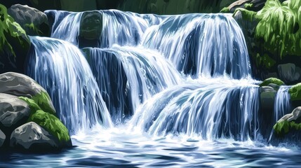 Cascading waterfall flowing over mossy rocks into a calm pool.
