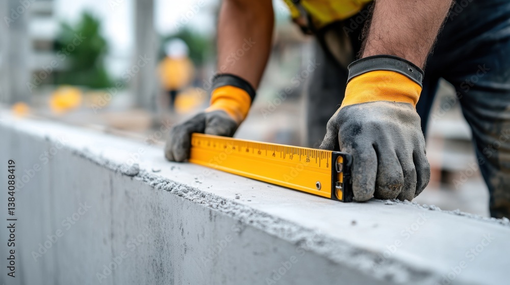 Poster construction worker using level tool on concrete beam for accurate measurement in modern building si