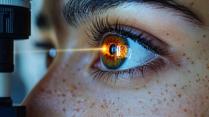 Close-up of a female eye with a laser beam aimed at it for vision correction, highlighting pupil and iris, symbolizing advanced medical technology, precision, and futuristic eye care treatment.

