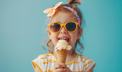 A happy little girl wearing yellow sunglasses and a headband eating an ice cream cone against a blue background.