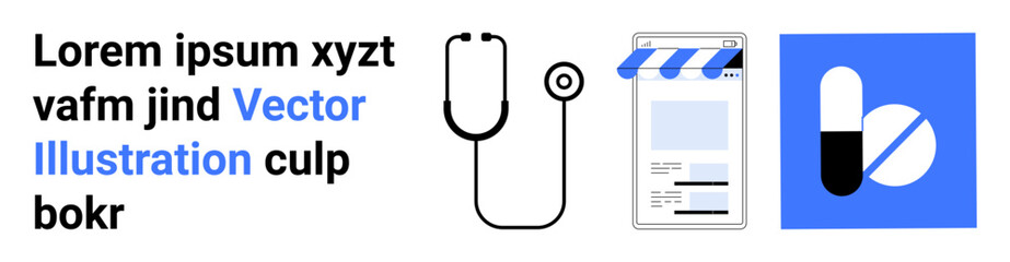 Stethoscope, online pharmacy storefront, pills graphic. Ideal for medicine, healthcare, pharmacy, telehealth, online shops technology wellness. Perfect for simple landing page