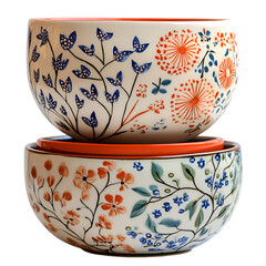 Decorative Ceramic Bowls with Colorful Floral Designs Isolated on Transparent Background