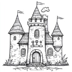 Obraz premium Hand-drawn illustration of a fairytale castle with three towers, arched doorway, and small windows.