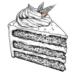 Delicious three-layered cake slice with whipped cream and garnish.