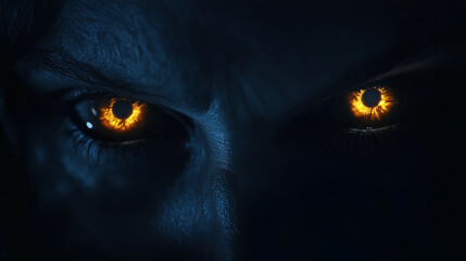 A chilling depiction of glowing eyes emerging from pitch-black darkness, evoking a mysterious and eerie Halloween mood. The eyes appear menacing, creating a suspenseful horror atmosphere