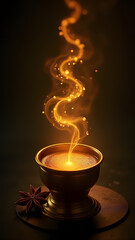 "Anise coffee smoke glows gold in brass cezve, forming mandala shapes. Aromatic rings break into luminous droplets rippling coffee's surface."
