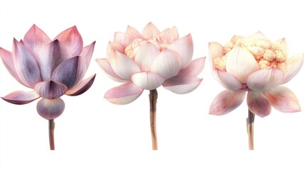 Three stages of pink lotus flower blossom isolated on white.