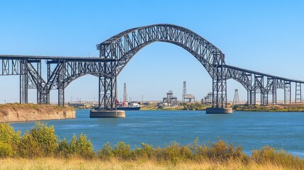 Obraz premium Industrial arch bridge spanning a canal under a clear sky