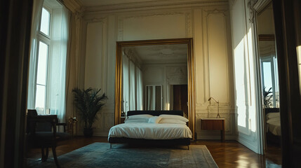 Luxurious bedroom with grand mirror