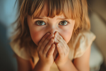 A close-up portrait of a young girl with wide eyes looking at the camera, her hands covering her mouth.
